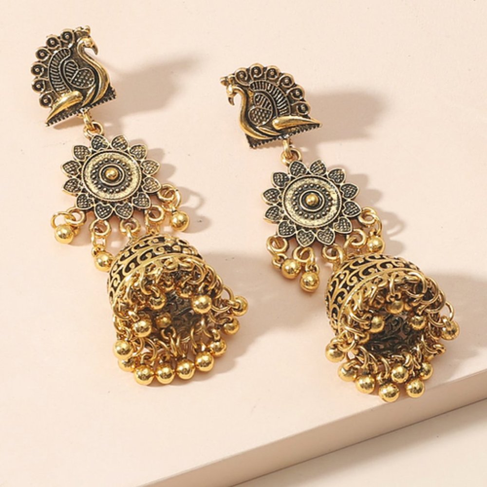 Gold India Style Peacock Dangle Earrings - Picture 2 of 3